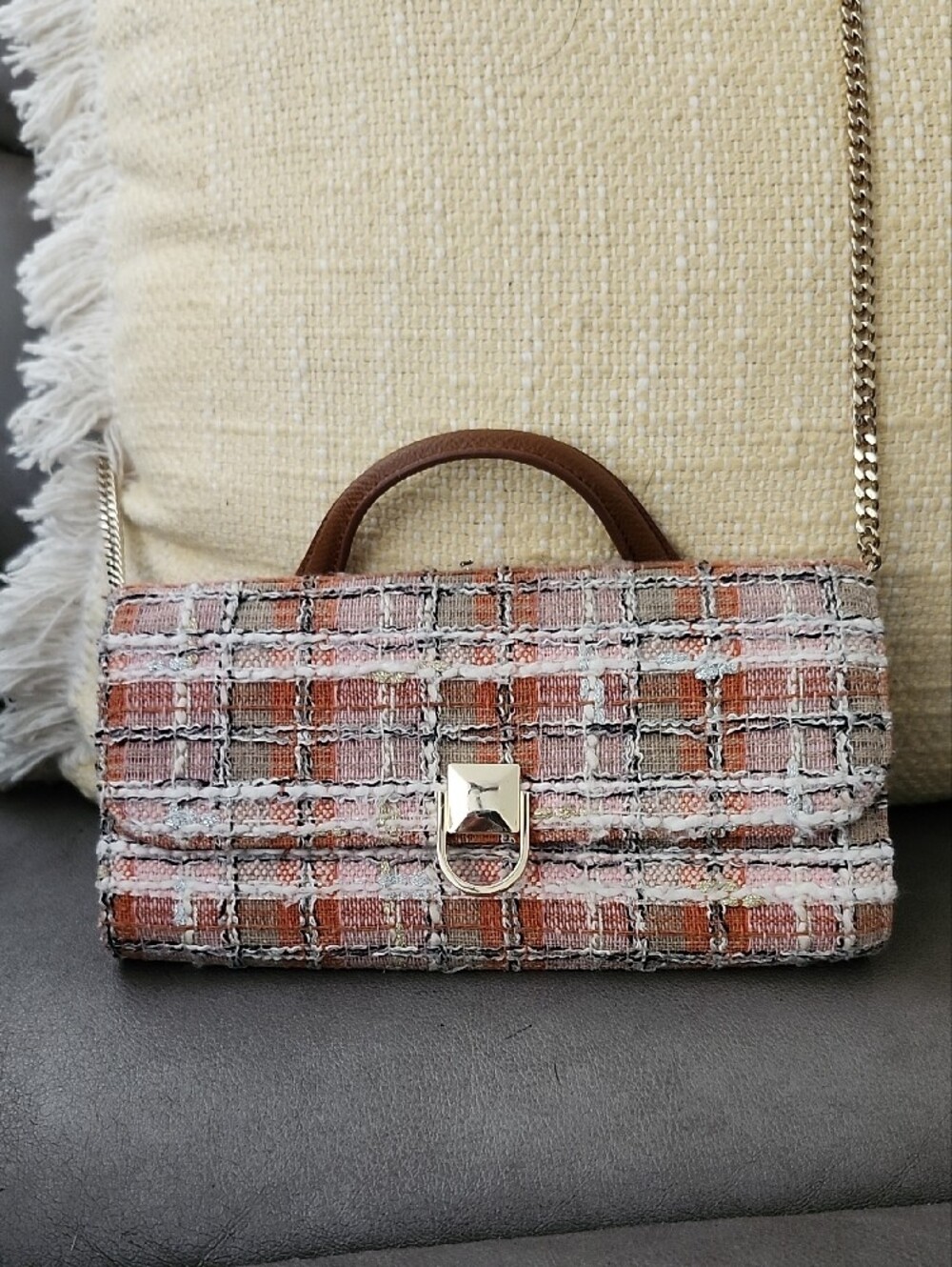 Furla Tweed Crossbody Bag in Pink, White & Brown with Chain Strap - Picture 2 of 11